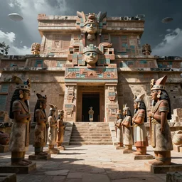 pacal Votan and Aztec priests greeting aliens in an Aztec temple