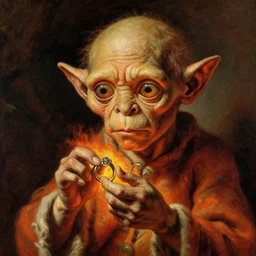 a beautiful painting of gollum holding the ring, by rembrandt, rembrandt lighting, beautiful composition and structure, high contrast, vivid ember colors, cross hatching featured on artstation