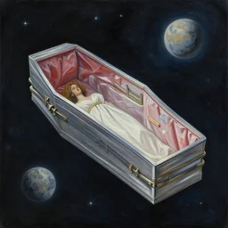 coffin floating in space, surreal painting, detailed