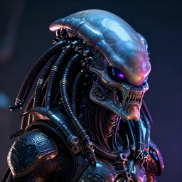 cyberpunk alien portrait, hyper realistic shiny textures 8 k, alien vs predator, cyberpunk, elongated head, intricate details, fluorescent glow, science fiction space horror, unreal engine, dark, heavy shading, depth of field