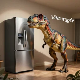 still from a velociraptor's vlog, the velociraptor complaining about his samsung refrigerator