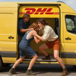 portrait of dhl courier wrestling with a girl in dhl van, highly detailed, digital painting, artstation, concept art, smooth, sharp focus, illustration, art by artgerm and greg rutkowski and alphonse mucha