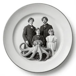 vintage photograph monochrome plate, victorian family posing with a large octopus, distressed old photo, slight sepia tone