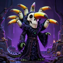 realistic bipedal alligator character, long curly fur, full skull shaped face cover, mage robe based on a toucan, 6 toucan beaks, in the style of tim burton, stylized, video animation, hogwarts legacy, chromatic aberration, super natural, neon glow