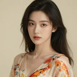 a gorgeous women with pretty face and eyes, wearing a koi fish colored dress, dreamy creamy background, ultrearealistic, hyperdetailed, cinematic