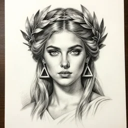 realism tattoo sketch of lindsay ellingson as a beautiful greek goddess aphrodite with piercing eyes wearing a laurel wreath and triangle earrings, in the style of greg rutkowski, amazing detail
