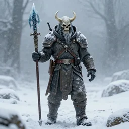 skeleton warlock as a military soldier, fantasy, ice, old man, snow, snowstorm,