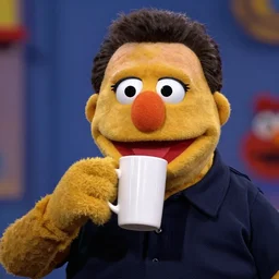 portrait of muppet puppet danny devito as a muppet in sesame street drinking a glass of orange juice, dlsr photo, studio lighting, sigma lens, rim light, fur