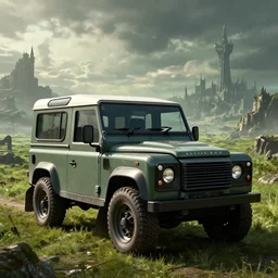 Land Rover Defender 110 (1985), an epic fantasy, dramatic lighting, cinematic, establishing shot, extremely high detail, photorealistic, cinematic lighting, artstation, by simon stalenhag, The Elder Scrolls IV: Oblivion, Green Cyrodiil plains, Imperial City in the distance, Adamantine Tower in the distance