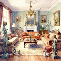a hiper intricate watercolor of a beatiful living room with sculptures, extremely detailed, sharp focus, wide view, smooth, digital illustration, colorfull, by william turner art, by greg rutowski