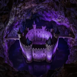 a circular limestone castle inside an underground dark cavern filled with purple glowing liquid metal, castle is connected to the cavern walls by a wide bridge, aerial view, by greg rutkowski and bucha