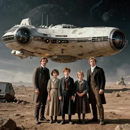 highly detailed, 513435456k film, 2150400mm film still from a sci fi blockbuster color movie made in 2019, set in 1860, of a family standing in front of a spaceship that has just landed on an alien planet, the family are all wearing 1860s era clothes, good lighting, good photography, ultra high definition
