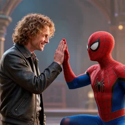 the dude big lebowski and spiderman high fiving realistic 4k octane beautifully detailed render, 4k post-processing, highly detailed, intricate complexity, epic composition, magical atmosphere, cinematic lighting, masterpiece, ultra hd