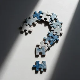pile of puzzle pieces arrange in a question mark, overhead shot, Sony a79, stock photo, desktop background, minimalist,