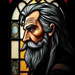 gothic stained glass window, detailed side - view portrait of a 5 5 year old man, amber eyes, long grey hair, horse shoe mustache, detailed and masterful, backlit