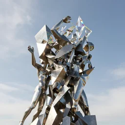 geometric metal sculpture with gestural forms and human parts mixed together into a monumental artwork, lifting up towards heaven, rainbow crystal reflections, style of jack storms, anthony howe, octane render, 4 k