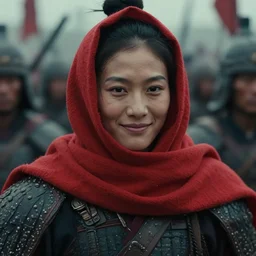 a ultra high resolution close - up of a beautiful young tai warlord standing in crowd of battlefield, looking down at the camera. his face is partially obscured by a red scarf, and he has a smiling expression. the light is dim, and the colours are muted. kodak etkar 1 0 0