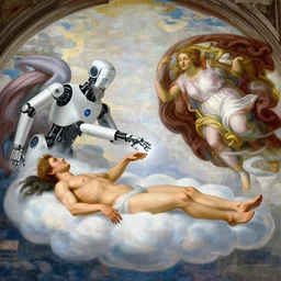 ai robot with beard on the cloud is touching a human on cloud, transferring new energy, the creation of adam, classical fresco painting