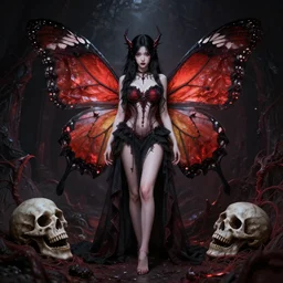 demon lilith with butterfly wings surrounded by damned soul in hell , beautiful girl , full body , realistic , pretty