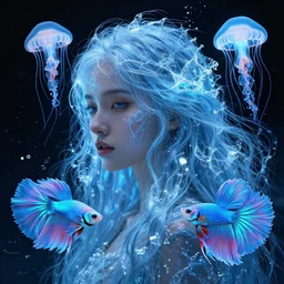 highly detailed portrait of a woman with long hairs. betta fish, jellyfish phoenix, bio luminescent, plasma, ice, water, wind, creature, artwork by tooth wu and wlop and beeple and greg rutkowski