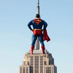 marvel superman from back hands on waist standing on top of the empire state building