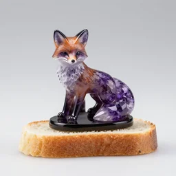 A amethyst statuette of a fox on a piece of bread. solid Background.