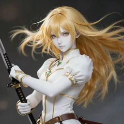 renaissance art elf girl with white skin, katana in hand, golden hair blowing the wind, trending artistic art, soft anime, dynamic photography, fate zero, realistic face, artgerm, extremely high detailed, bokeh background, studio ghibly makoto shinkai yuji yamaguchi, wlop