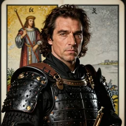 portrait of marlon brando in black samurai armoury, as tarot card design, by jan van eyck