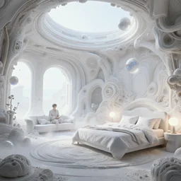 ( cyberpunk 2 0 7 7, bladerunner 2 0 5 9 ), a complex futuristic white bedroom, by wlop, mars ravelo and greg rutkowski, biomechanical, lens orbs, global illumination, lounge, architectural, geological strata, ground mist swirling vortexes, granular detail, jung yeon min, james jean, jhonseru, hypermaximalist, micro details, 3 d sculpture,