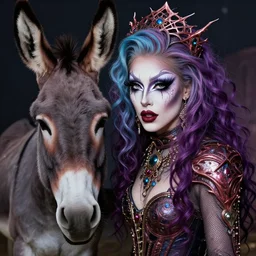 a donkey with drag queen makeup, fantasy art, in the style of artgerm, illustration, epic, fantasy, intricate, hyper detailed, artstation, concept art, smooth, sharp focus, ray tracing, vibrant, photorealistic
