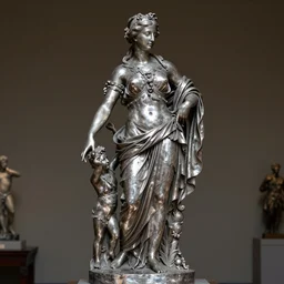 detailed photo of old silver patina statue of most famous woman, full body portrait, various bending poses, photorealism, intricate detail, museum diffuse lighting