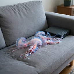 a whole bunch of jellyfish smeared on the sofa in the living room, realistic, hdr, clear image, hdd, dynamic lighting, rtx on,