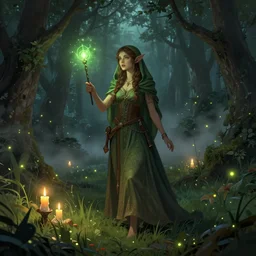 Beautiful woman, elf, Brown hair, magic wand, candles, light fog, green lights, fireflies, night, magic, old ritual, head scarf, meadow in the forest, old trees, full body shot, fantasy character, detailed illustration, hd, 4k, digital art, overdetailed art, concept art, by greg rutkowski, complementing colors, Trending on artstation, deviantart