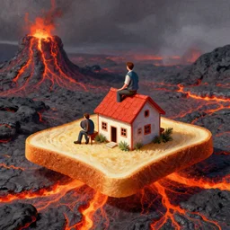 a man sitting on a slice of toast riding down lava. lavahellscape with a man in a house on a slice of bread. meaningful digital art pastelpiece masterpiece trending on artstation by noel fielding, beeple, james gunn, gorillaz, marvel studios and dr seuss. hyper detailed art with 4 k macrolens, curated by beeple, unreal engine, art