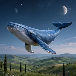 highly detailed scifi render of a flying whale over the tuscany skies, cypresses and hills, stars and planets, hyper detailed, digital art, led lighting, studio quality, smooth render, unreal engine 5, octane render, trending on artstaion.