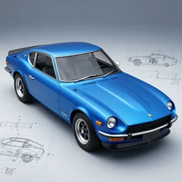 blueprints of a blue 1975 Datsun 260Z, hyper realistic,