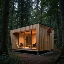 wooden cabin designed by zaha hadid in an ominous forest, architectural photography