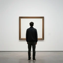 recursive man seen from behind standing in an empty gallery contemplating over a frame hanging at the opposite wall, photo taken with provia 1967