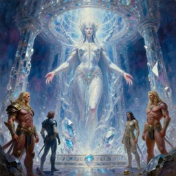 giant dmt entity male goddess hyperspace crystal palace, tim hildebrandt, wayne barlowe, bruce pennington, donato giancola, larry elmore, masterpiece, trending on artstation, cinematic composition, beautiful lighting, hyper detailed!!!, 8 k, oil on canvas