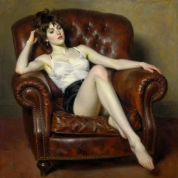 Punk girl lying on a leather armchair by Mario Testino, oil painting by Lawrence Alma-Tadema