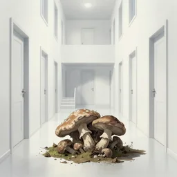 a rotten fungus mushroom clump in a bright white hallway with many doors and stairs, Mc Escher architecture, epic composition, decay, by Makoto Shinkai