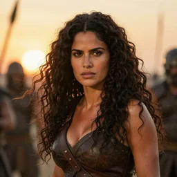 epic photo of muscular salma hayek as beautiful barbarian warrior princess with long curly black hair blowing in the wind in a battle scene, sweaty, detailed eyes, neutral expression, shallow depth of field, photorealistic, cinematic lighting, lovely bokeh, warm colours, sunset south, movie quality, the beastmaster 1 9 8 5, movie still