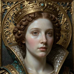 detailed realistic beautiful young medieval queen face portrait by jean delville, charles vess, and marco mazzoni, art nouveau, symbolist, visionary, gothic, preraphaelite, realistic smooth polished porcelain, ultrasharp hyperdetailed photorealistic octane render, ornate gothic icon with heavy patina