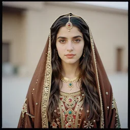 Portrait of an ancient young Persian Princess wearing a Kaftan shot by Annie Leibovitz with Kodak Professional Portra 400 film stock,