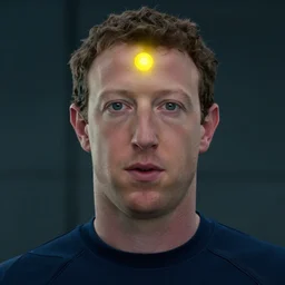 film still of Mark Zuckerberg as Vision with yellow mindstone in forehead in Avengers Endgame, 4k