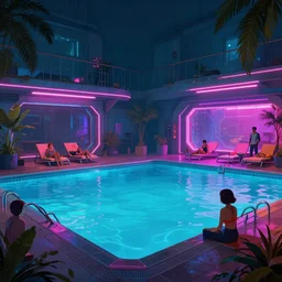 photo environement cyberpunk swimming pool : 4, 4 k rtx hdr volume light concept studio matte painting environement digital illustration style cyberpunk 2 0 7 7 artstation artur tarnowski, mihai muscan, marcin tomalak, marta leydy, marcin stepien, charlotte hughes, zuzanna dabrowa neon bioluminiscence