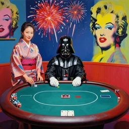 hyper - realistic composition of a room with an extremely detailed poker table, croupier in traditional japanese kimono standing nearby, darth vader sitting at the table, fireworks in the background, pop art style, jackie tsai style, andy warhol style, acrylic on canvas