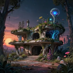 a beautiful detailed illustration of villa architecture unfinished building abandoned nature industrial architecture by santiago calatrava, reclaimed by nature at night forest laser alien flowers sunset evil galactic dieselpunk tundra retrowave san andreas desert retro myst neon noir, archdaily, wallpaper, highly detailed, trending on artstation.