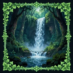 high vector, neon lighting, book cover!!!!!!!!!!!!, old waterfall, ivy leaves graphic vectors at each border, fantasy forest landscape, fantasy magic, light night, intricate, elegant, sharp focus, illustration, highly detailed, digital painting, concept art, matte, art by wlop and artgerm and ivan shishkin and andrey shishkin, masterpiece