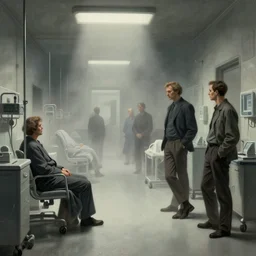 detailed ultra - realistic graphic novel illustration of a dystopian hospital scene by edward hopper and gregory crewdson, cinematic, muted colors, cinematic fog, full shot, george adult, carel willink, mc escher, norman rockwell
